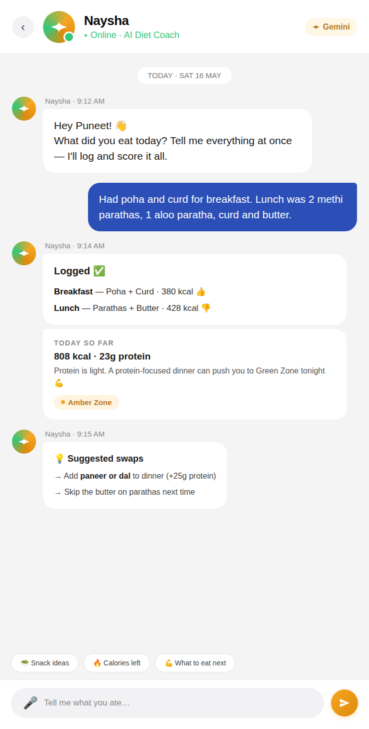 Naysha chat interface — user typing their day's meals in one message