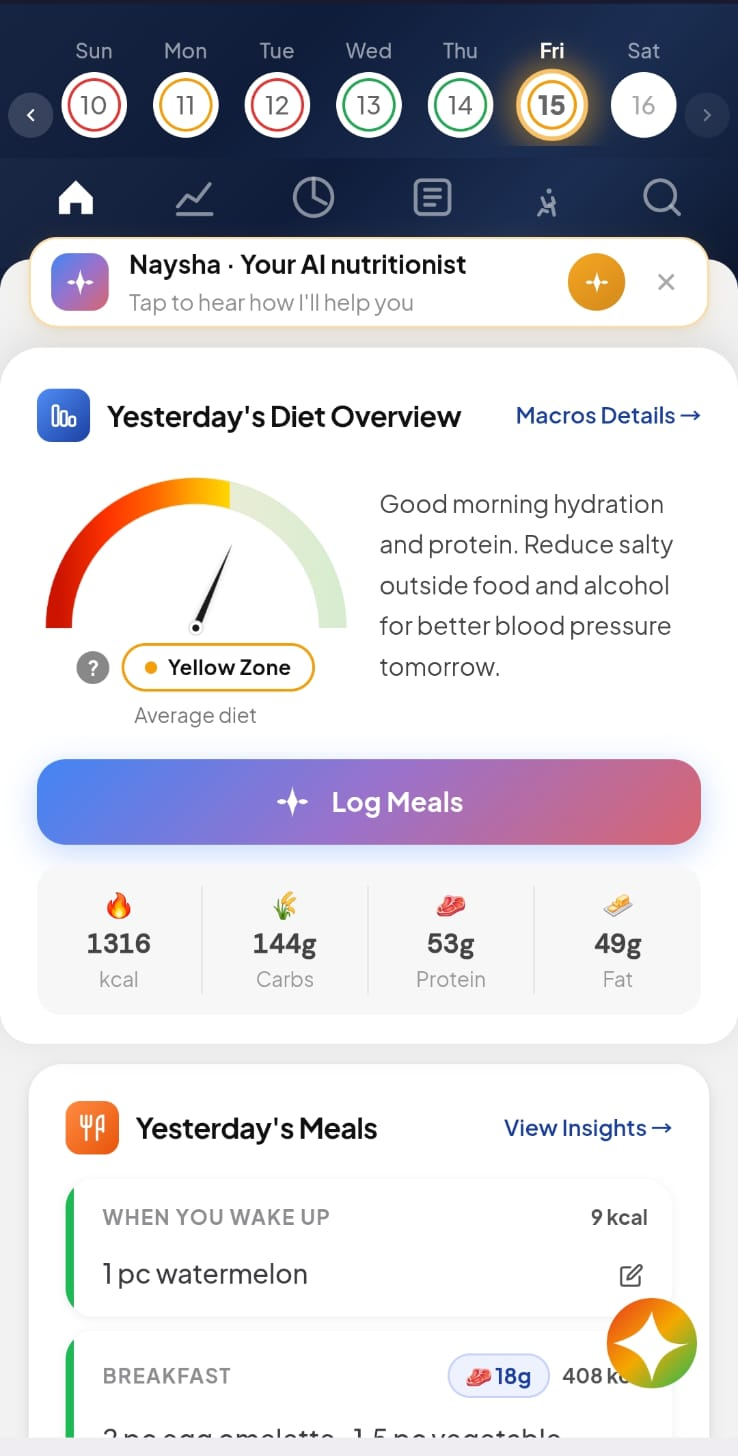 Today's diet overview showing the Green Zone meter and Naysha's top nudges