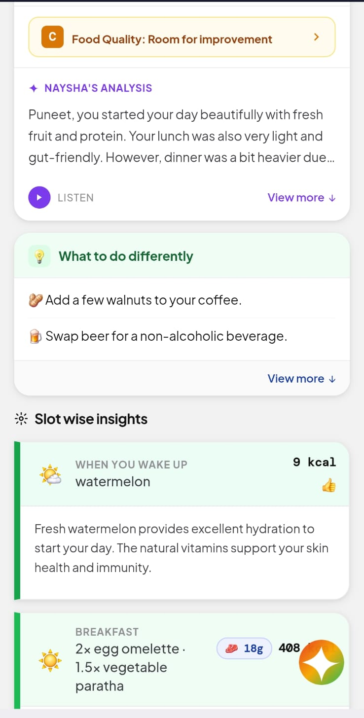 Naysha's 'What to do differently' card with personalised swaps, plus slot-wise insights for every meal